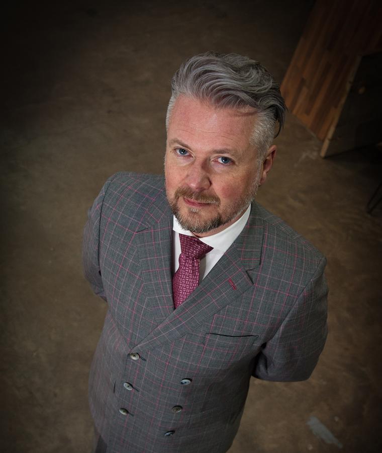 Grey and Pink Check Double-Breasted Suit Portrait